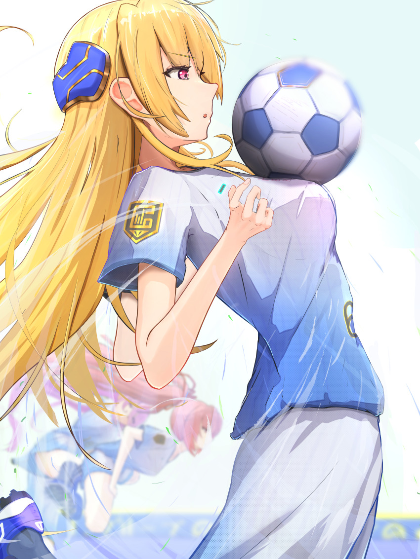 3girls, absurdres, ball, blonde_hair, blue_shirt, breasts, cowboy_shot, from_side, heaven_burns_red, highres, jersey, jumping, kura_satomi, large_breasts, long_hair, medium_breasts, motion_blur, multiple_girls, open_mouth, parted_lips, pink_eyes, pink_hair, ponytail, psy_(artist), red_eyes, shirakawa_yuina, shirt, shoes, short_sleeves, shorts, sneakers, soccer, soccer_ball, soccer_uniform, socks, solo_focus, sportswear, standing, tsukishiro_monaka, very_long_hair, white_shorts