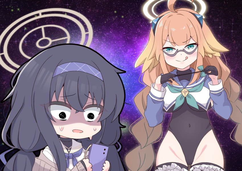 >:), 2girls, :q, @_@, ahoge, aqua_neckerchief, black_eyes, black_gloves