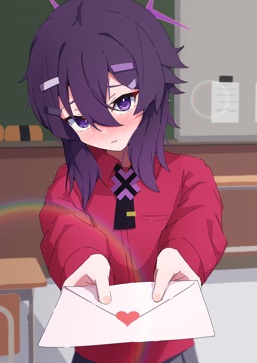 1girl, blue_archive, blush, chalkboard, classroom, commentary_request, confession, desk