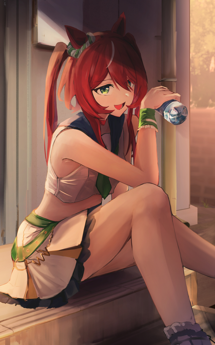 1girl, :d, absurdres, animal_ears, bottle, cheerleader, commentary_request, cropped_shirt