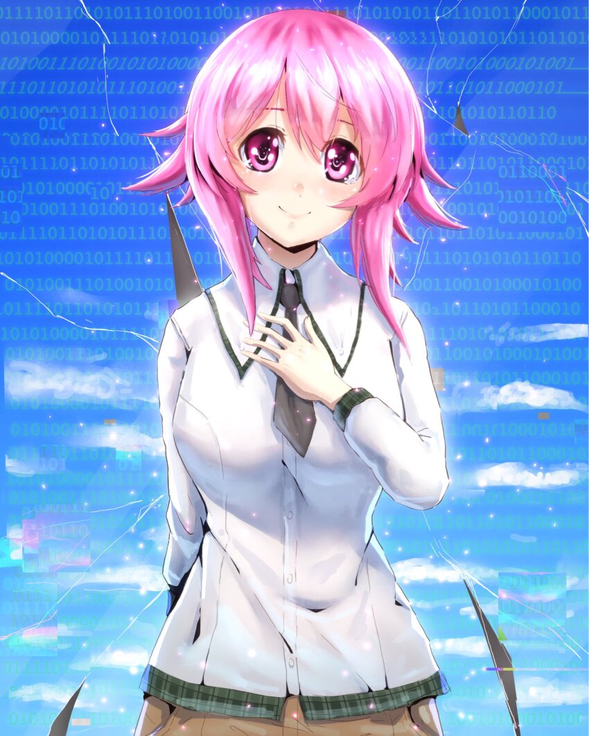 1girl, blush, breasts, brown_shorts, casual, chaos;child, crack, crying