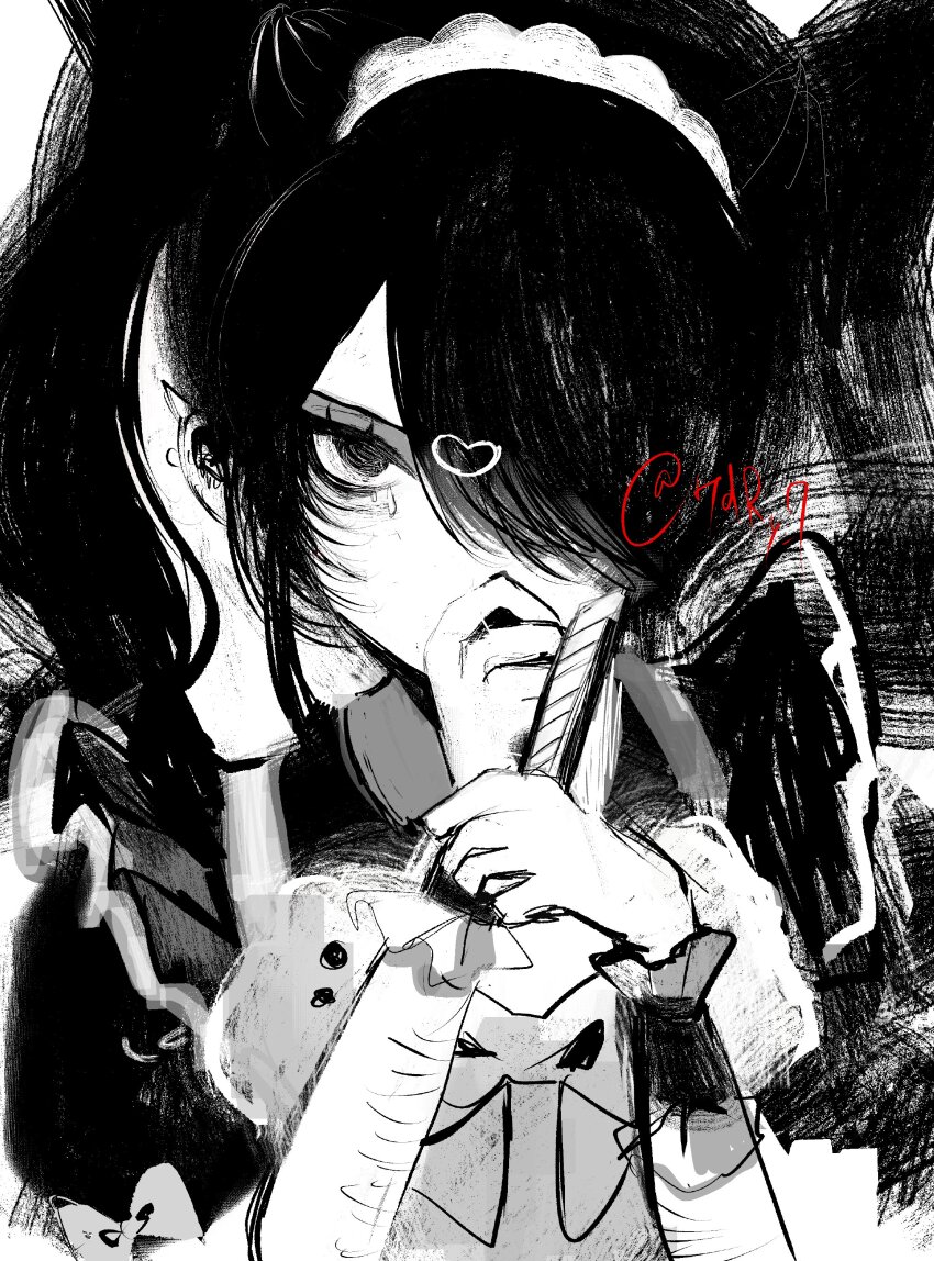 1girl, absurdres, ame-chan_(needy_girl_overdose), apron, boxcutter, chest_bow, cigarette, greyscale