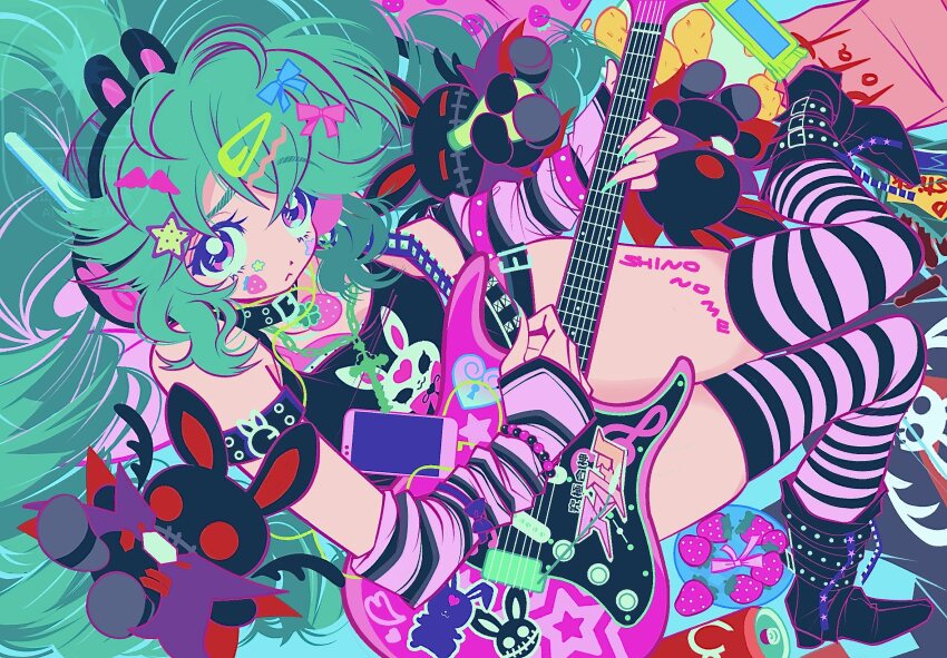 1girl, :<, black_choker, blue_bow, boots, bow, bracelet, choker