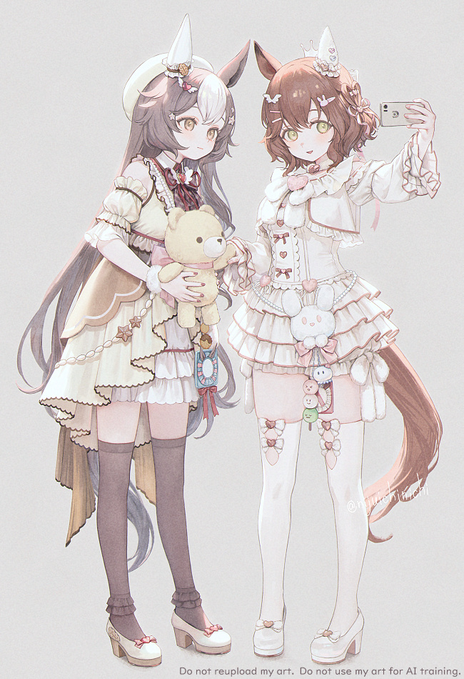 21_(nijuichinichi), 2girls, animal_ears, aston_machan_(everlasting_candy)_(umamusume), aston_machan_(umamusume), beret, bow, brown_eyes