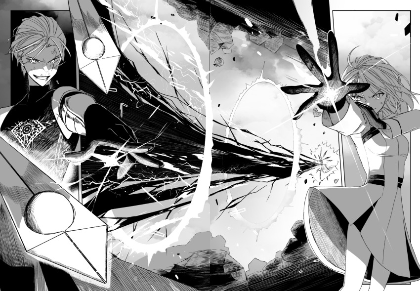 1boy, 1girl, black_gloves, dark-skinned_male, dark_skin, facial_mark, fate/grand_order, fate_(series)