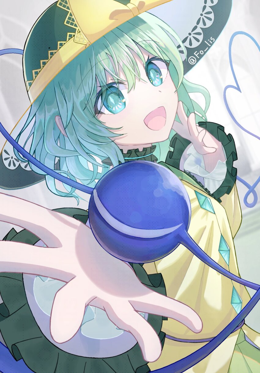 1girl, black_hat, blush, bow, fo_ris, frills, green_eyes, green_hair