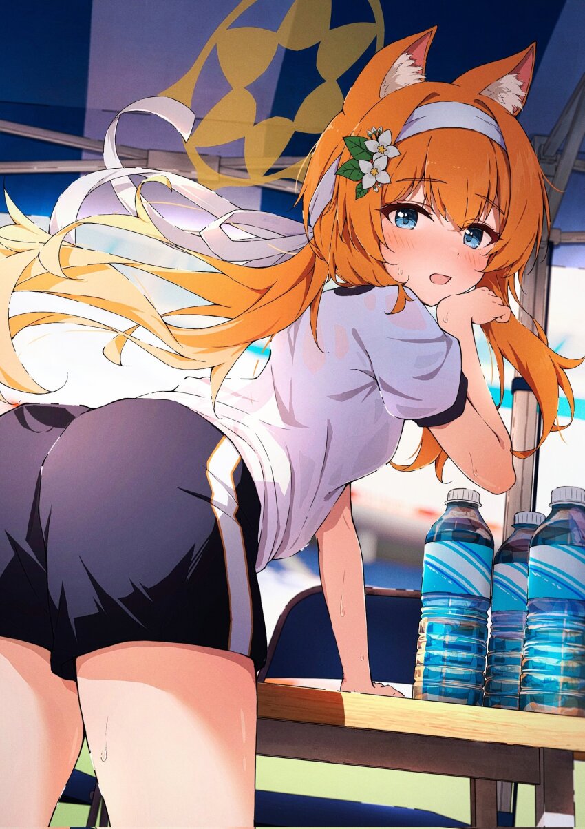 1girl, animal_ears, ass, blonde_hair, blue_archive, blue_eyes, blush, day