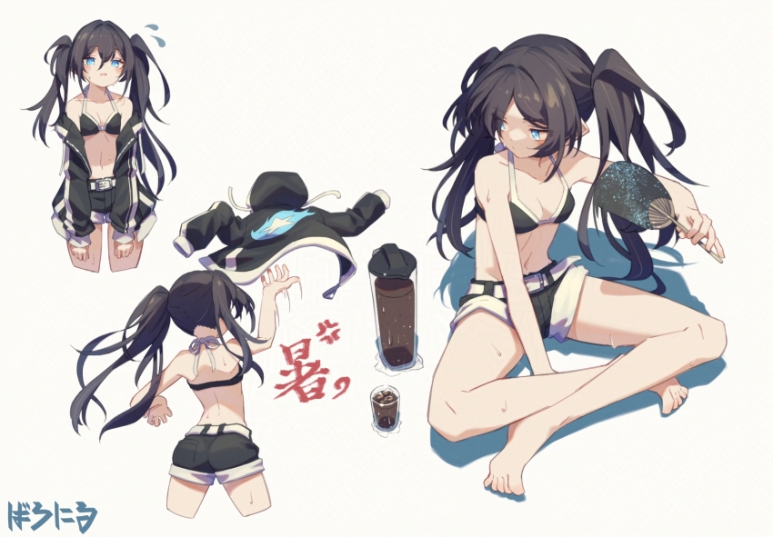 1girl, ass, baronilu, black_rock_shooter, black_rock_shooter_(character), blue_eyes, feet, short_shorts