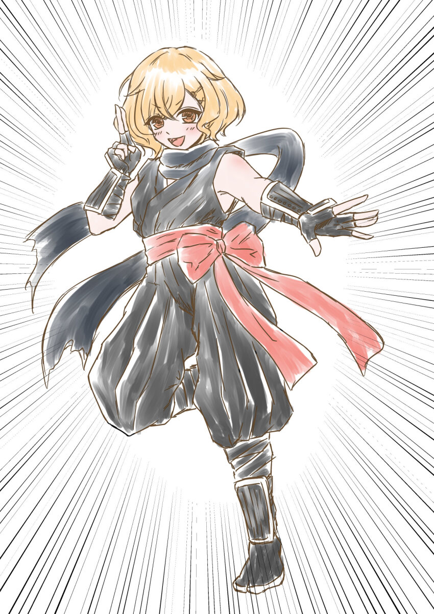 1girl, :d, armor, assault_lily, black_boots, black_gloves, black_pants, black_scarf