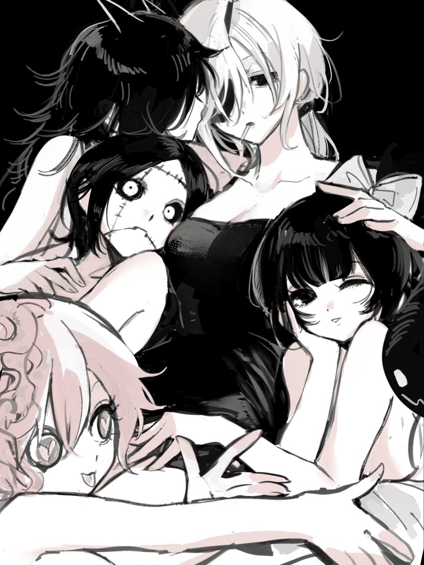 5girls, black_background, black_hair, black_tank_top, breasts, chainsaw_man, cigarette, cosmo_(chainsaw_man), demon_horns, eyepatch, hand_on_another's_head, harem, heart, heart-shaped_pupils, highres, horns, long_(chainsaw_man), long_hair, mangmuze, medium_breasts, multiple_girls, one_eye_closed, parted_lips, pingtsi_(chainsaw_man), pink_hair, quanxi_(chainsaw_man), scar, scar_on_face, simple_background, smile, sweatdrop, symbol-shaped_pupils, tank_top, tongue, tongue_out, tsugihagi_(chainsaw_man), white_hair, yuri