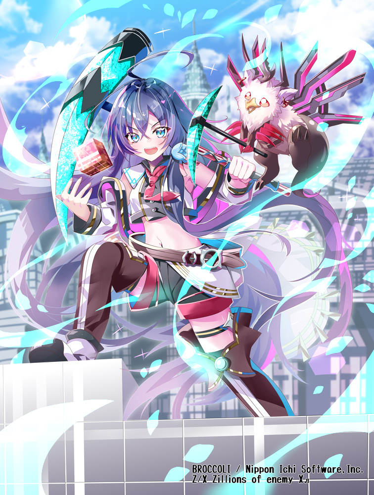 1girl, ahoge, aura, bird_monster, black_shorts, blue_eyes, copyright_notice, cropped_shirt