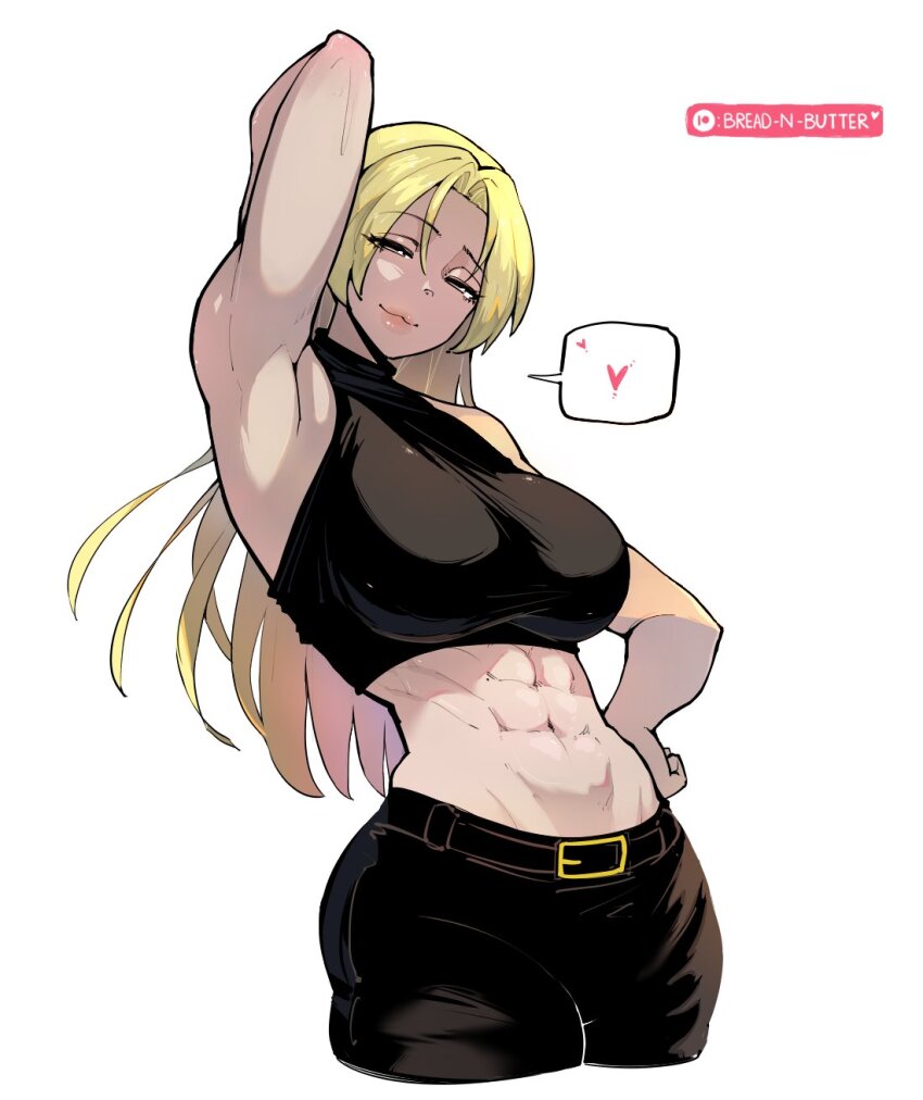 1girl, abs, arm_behind_back, armpits, artist_name, belt, black_pants, blonde_hair