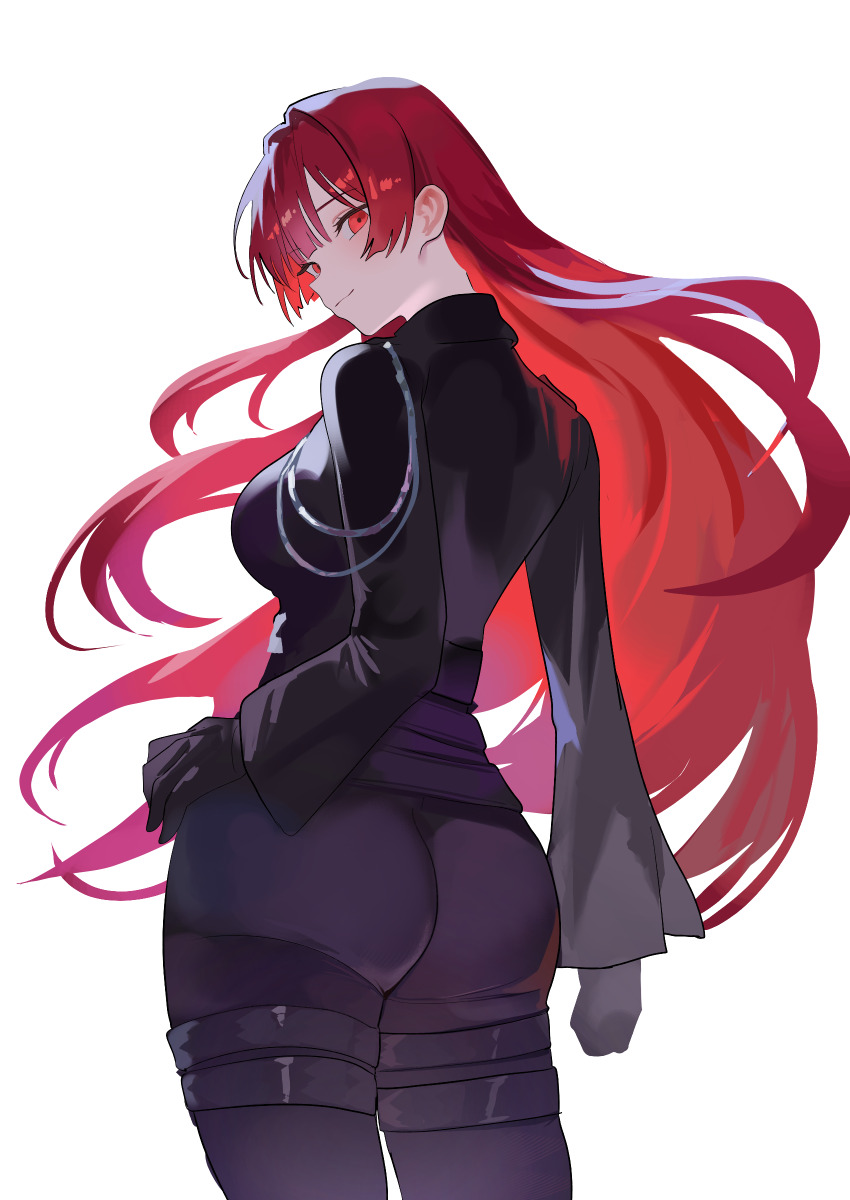 1girl, absurdres, aiguillette, ass, black_gloves, breasts, closed_mouth, commentary_request, cowboy_shot, duel_monster, exosister_karmael, exosister_martha, floating_hair, from_behind, gloves, hair_between_eyes, hand_on_own_hip, highres, jacket, korean_commentary, large_breasts, long_hair, long_sleeves, looking_at_viewer, military_jacket, military_uniform, nbee_ya, pants, red_eyes, red_hair, red_jacket, sidelocks, simple_background, smile, solo, standing, tight_clothes, tight_pants, white_background, yu-gi-oh!