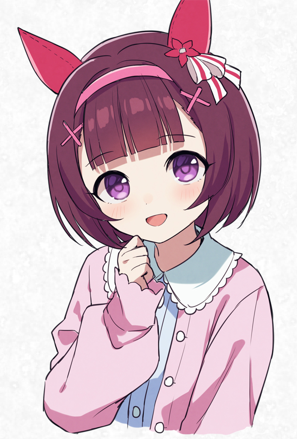 1girl, animal_ears, blunt_bangs, blush, bow, brown_hair, cardigan, casual
