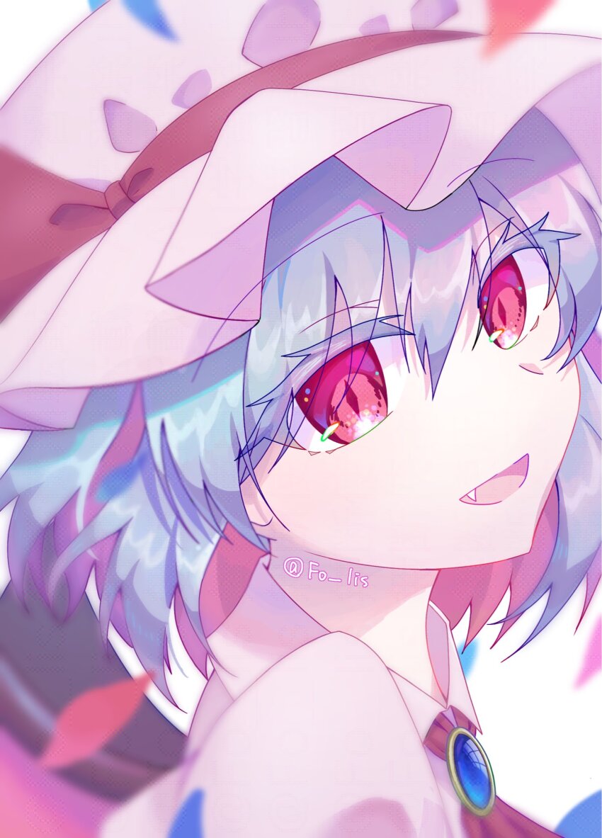 1girl, bat_wings, blue_gem, blue_hair, bow, dress, fo_ris, gem, hat, highres, mob_cap, open_mouth, red_eyes, remilia_scarlet, ribbon, short_hair, smile, solo, touhou, vampire, wings