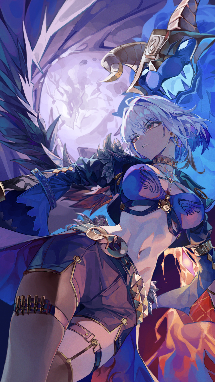 1girl, absurdres, black_jacket, black_pantyhose, black_shorts, black_wings, blue_bra, blue_hair