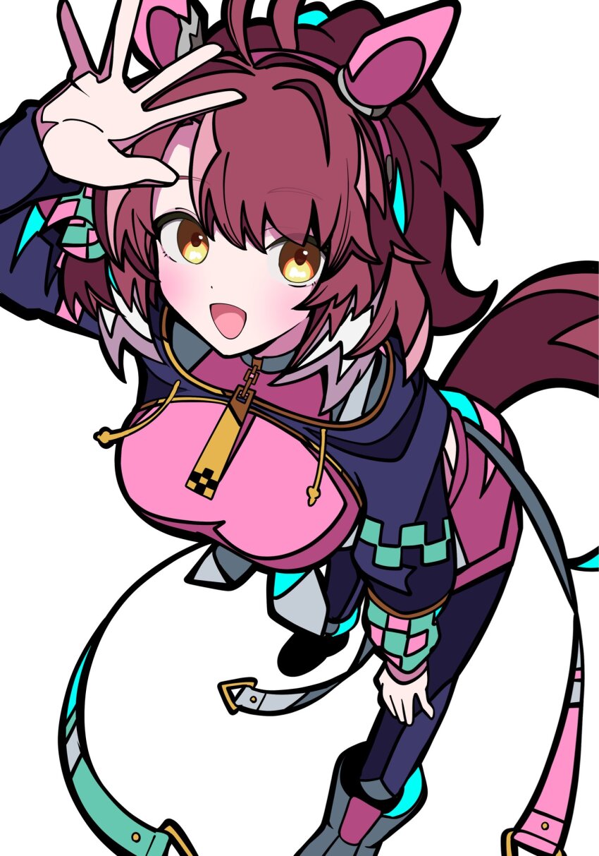 1girl, ahoge, animal_ears, black_leggings, black_shrug, blush, bow, breasts