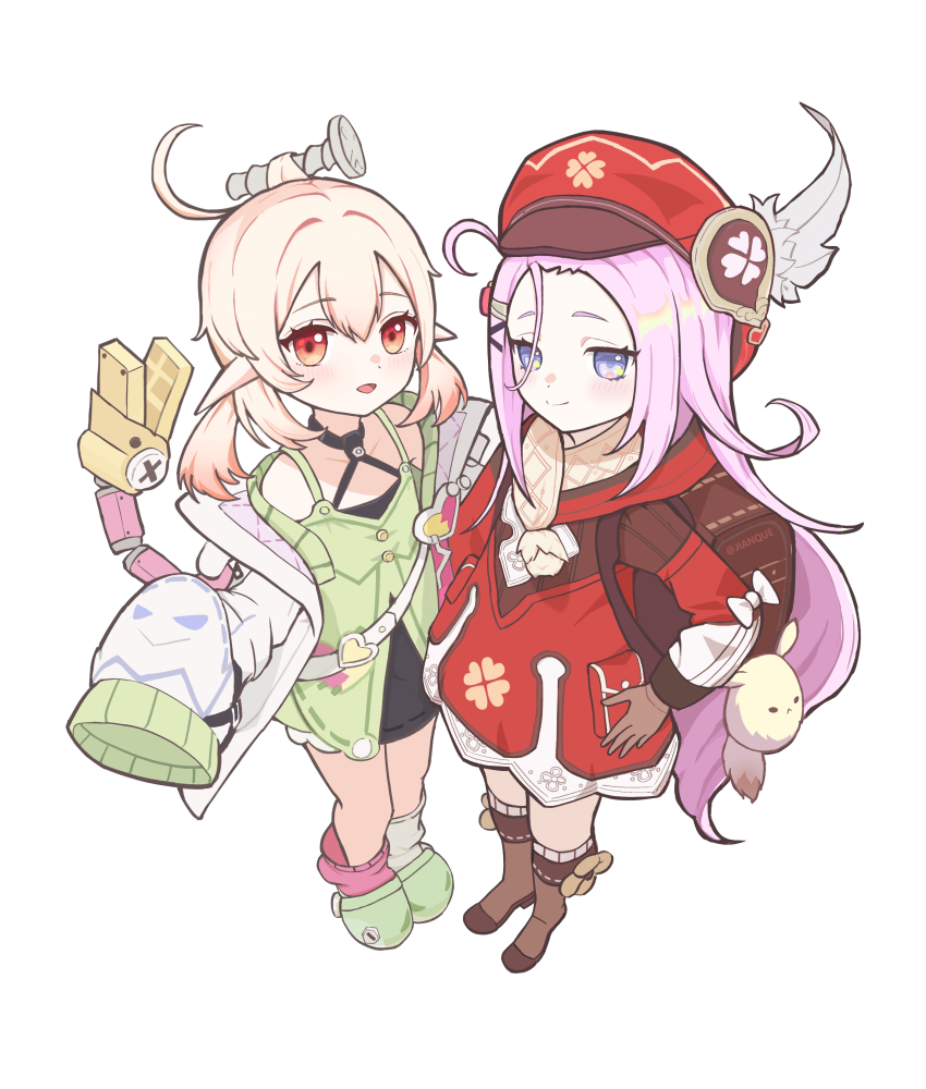 2girls, absurdres, aino_(genshin_impact), aino_(genshin_impact)_(cosplay), backpack, bag, blonde_hair, boots, brown_boots, brown_gloves, center-flap_bangs, charm_(object), child, coat, cosplay, costume_switch, cowlick, double-parted_bangs, dress, full_body, genshin_impact, gloves, green_dress, green_slippers, hair_between_eyes, hair_intakes, hair_ornament, halterneck, hat, hat_feather, hat_ornament, highres, jacket, jianque, klee_(genshin_impact), klee_(genshin_impact)_(cosplay), long_hair, long_sleeves, looking_at_viewer, low_twintails, mechanical_tail, mismatched_socks, multiple_girls, newsboy_cap, open_clothes, open_jacket, parted_lips, pink_hair, pointy_ears, pouch, purple_eyes, red_coat, red_eyes, red_hat, scarf, screw_hair_ornament, sidelocks, simple_background, sleeves_past_fingers, sleeves_past_wrists, slippers, smile, socks, standing, tail, twintails, very_long_hair, white_background