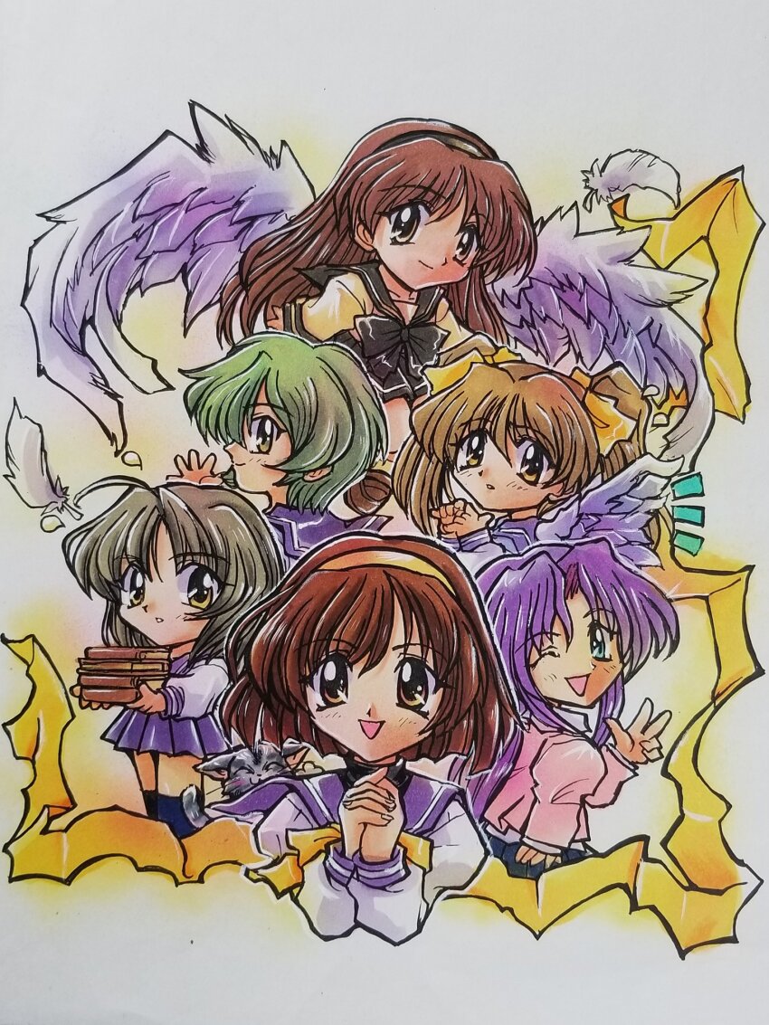 6+girls, angel_wings, animal, black_bow, black_cat, black_hairband, black_sailor_collar, black_skirt