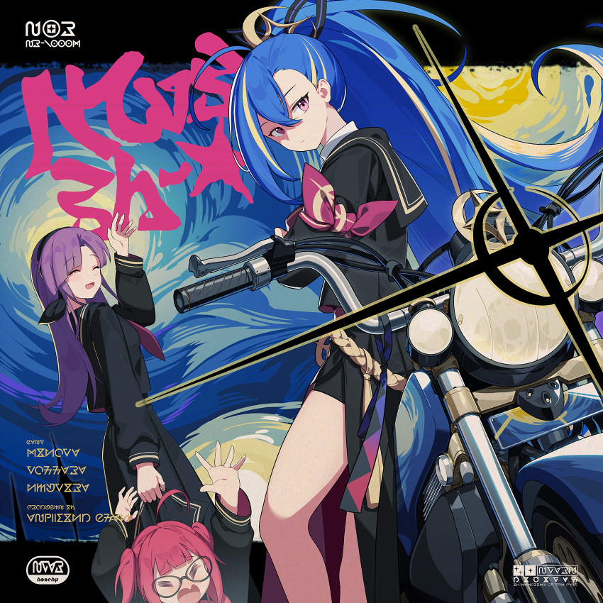 3girls, :d, =_=, ^_^, ahoge, album_cover, ashwind_clan_(stella_sora), bike_shorts