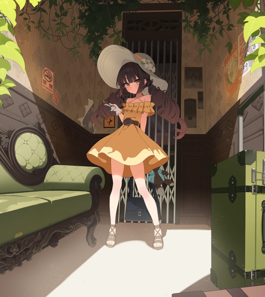 1girl, arm_behind_back, bag, bare_shoulders, belt, brown_hair, brown_shoes, character_request, closed_mouth, couch, door, dress, drill_hair, flower, frills, full_body, gloves, hat, hat_flower, highres, holding, indoors, long_hair, looking_at_viewer, off-shoulder_dress, off_shoulder, plant, project_rx, sandals, shoes, solo, standing, suitcase, sun_hat, td_(tandeom97), twin_drills, twintails, white_gloves, white_hat, yellow_dress, yellow_eyes