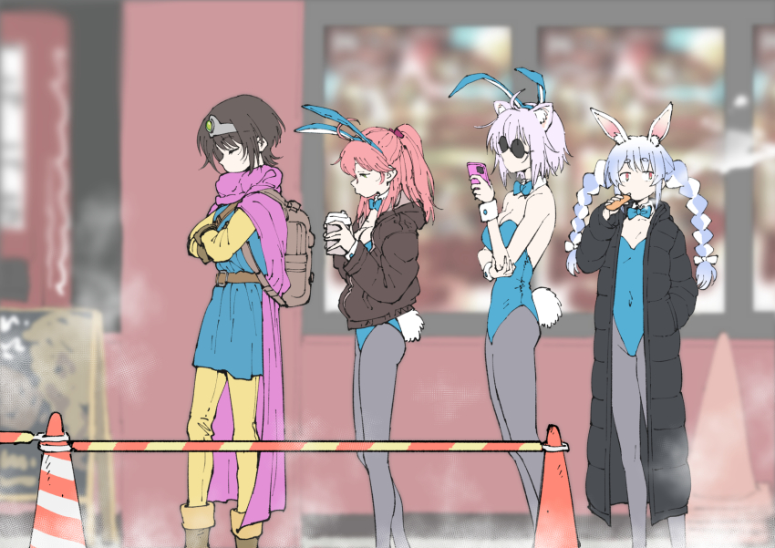 4girls, ahoge, animal_ear_fluff, animal_ear_hairband, animal_ears, arm_under_breasts, backpack, bag