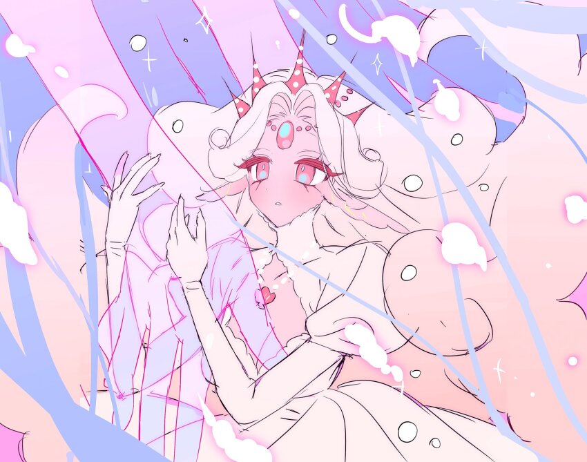 1girl, air_bubble, black_pearl_cookie, blue_hair, blush, breasts, bubble, cleavage