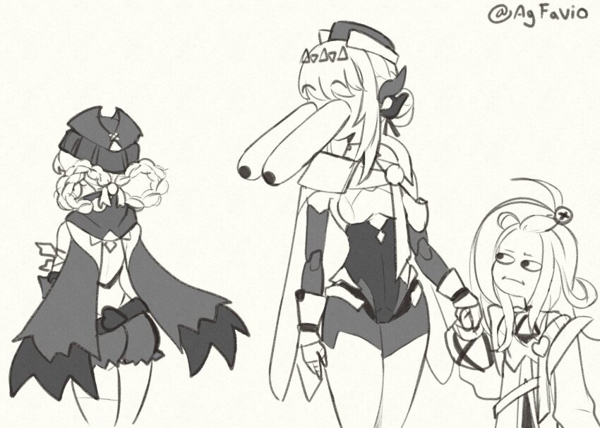 3girls, :i, agfavio, aino_(genshin_impact), ass, braid, braided_hair_rings, bulging_eyes, cape, commentary, cowboy_shot, english_commentary, eye_pop, forehead, from_behind, genshin_impact, hair_rings, hat, height_difference, highres, holding_hands, ineffa_(genshin_impact), jacket, jahoda_(genshin_impact), long_sleeves, monochrome, multiple_girls, scarf, short_hair, standing