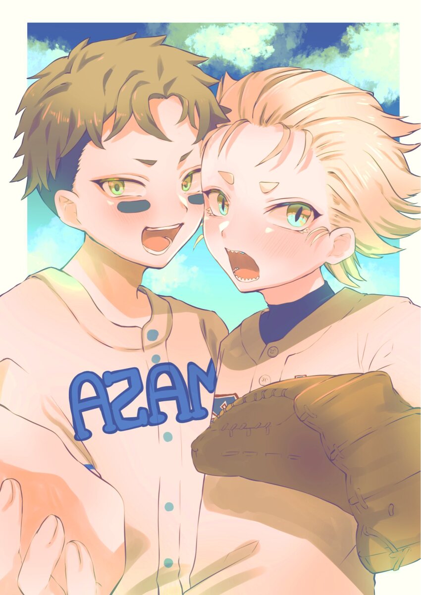 2boys, :d, :o, acesulfame_k, baseball_glove, baseball_jersey, black_hair, blonde_hair, brown_hair, commentary_request, facepaint, green_eyes, hair_slicked_back, heads_together, highres, jersey, kusaka_teppei, male_focus, mima_shoma, multiple_boys, open_mouth, print_shirt, sharp_teeth, shirt, short_eyebrows, short_hair, slit_pupils, smile, sankyuu_pitch, teeth, thick_eyebrows, tsurime, undershirt, upper_body
