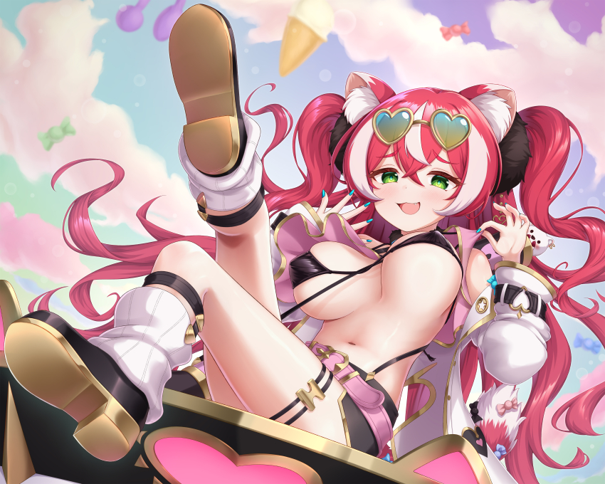 absurdres, animal_ears, black_bra, bra, breasts, candy, eyewear_on_head, food