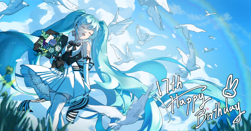 1girl, absurdres, aqua_hair, arm_tattoo, bird, black_bow, bouquet, bow