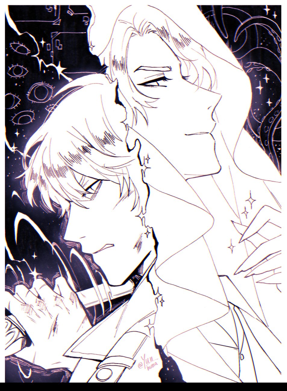 2boys, clenched_hand, coat, commentary, dual_persona, english_commentary, ginsan, hand_up