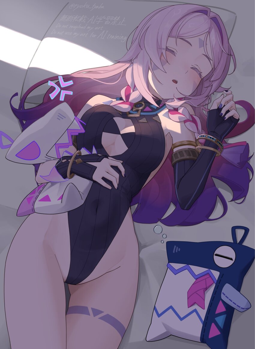 1girl, anger_vein, asymmetrical_gloves, bare_shoulders, bed_sheet, black_gloves, black_leotard, blush