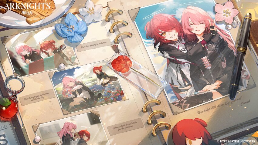 aged_down, arknights, blue_flower, character_doll, charm_(object), commentary, copyright_name, detached_wings