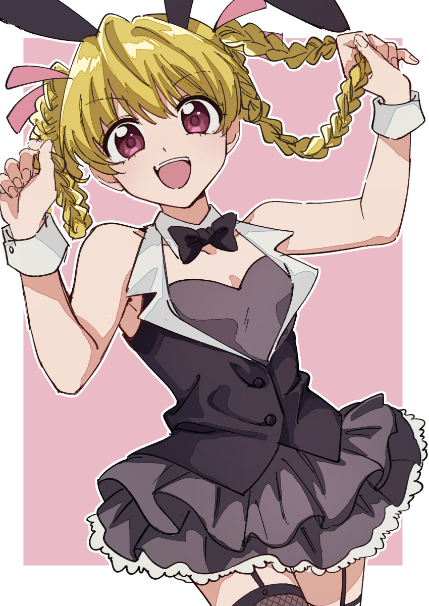 1girl, :d, absurdres, animal_ears, bare_arms, biscuit_krueger, black_bow, black_bowtie