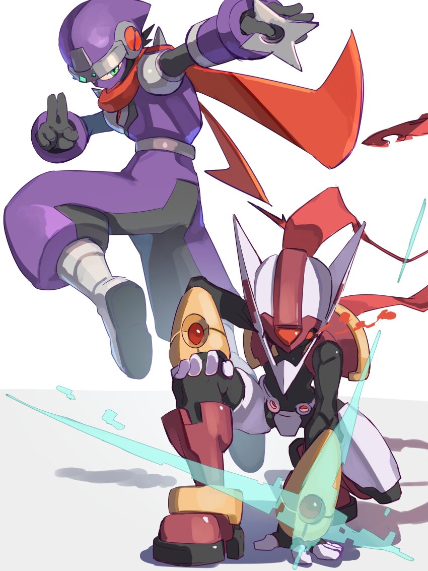 2boys, absurdres, armor, double_soul_(mega_man), forehead_jewel, full_body, helmet, highres
