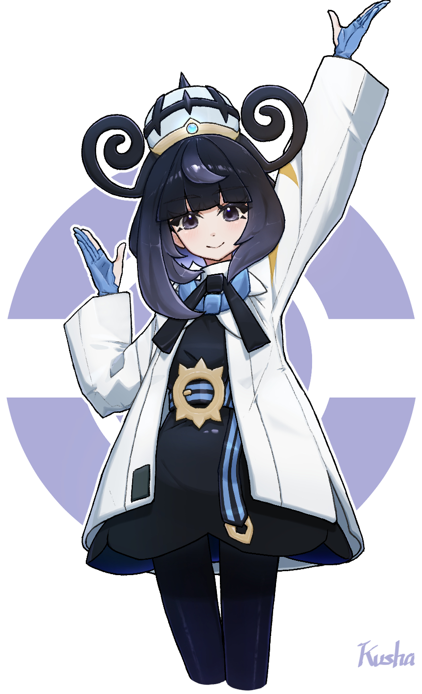 1girl, belt, black_hair, blue_gloves, blunt_bangs, closed_mouth, coat, gloves, gradient_hair, gwynn_(pokemon), highres, kushaaaa4, multicolored_hair, nintendo, o-ring, o-ring_belt, open_clothes, partially_fingerless_gloves, pokemon, pokemon_legends:_z-a, purple_eyes, purple_hair, ribbon, short_hair, smile, white_coat