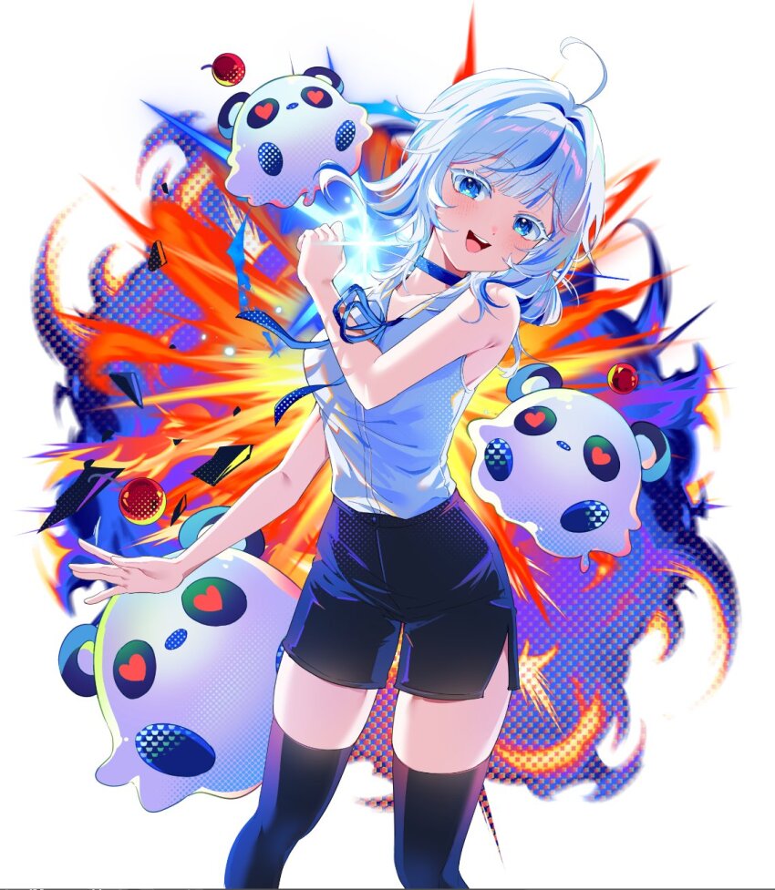 1girl, :d, \||/, ahoge, aokumo_rin, armpit_crease, bare_arms, bare_shoulders, black_shorts, black_thighhighs, blue_choker, blue_eyes, blue_ribbon, blush, breasts, chainsaw_man, cherry, choker, collarbone, collared_shirt, colored_eyelashes, commentary_request, cosplay, covered_groin, explosion, explosion_background, feet_out_of_frame, food, fruit, hair_intakes, hand_up, head_tilt, heart, heart-shaped_pupils, highres, holding, korean_commentary, kurimi_(aokumo_rin), large_breasts, long_hair, looking_at_viewer, multicolored_hair, nagoo, neck_ribbon, open_collar, open_mouth, raised_eyebrows, reze_(chainsaw_man), reze_(chainsaw_man)_(cosplay), ribbon, shirt, shirt_tucked_in, shorts, side_slit, side_slit_shorts, sleeveless, sleeveless_shirt, smile, standing, stellive, streaked_hair, symbol-shaped_pupils, teeth, thighhighs, turning_head, upper_teeth_only, virtual_youtuber, white_background, white_hair, white_shirt