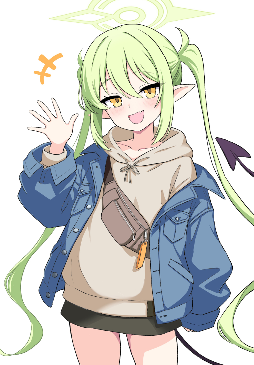 +++, 1girl, :d, absurdres, arm_at_side, black_skirt, blue_archive, blue_jacket