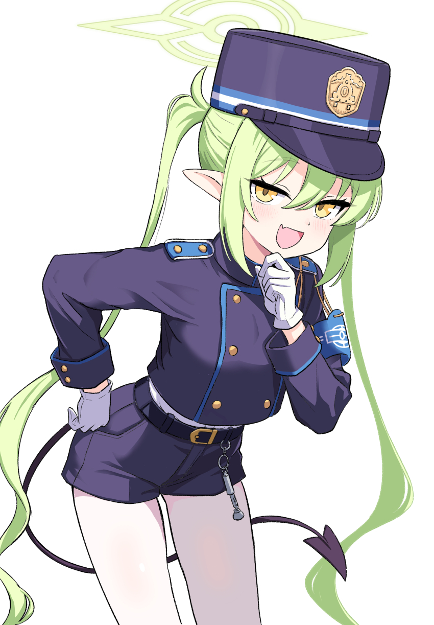 1girl, :d, absurdres, armband, belt, black_belt, black_hat, black_jacket, black_shorts, blue_archive, blue_armband, blush, buttons, commentary, cowboy_shot, demon_girl, demon_tail, double-breasted, fang, gloves, green_hair, green_halo, hair_between_eyes, halo, hand_on_own_chin, hand_on_own_hip, hand_up, hat, highres, intron, jacket, leaning_forward, long_hair, long_sleeves, looking_at_viewer, nozomi_(blue_archive), open_mouth, pantyhose, peaked_cap, pointy_ears, shorts, sidelocks, simple_background, skin_fang, smile, smug, solo, tail, tsurime, twintails, very_long_hair, white_background, white_gloves, white_pantyhose, yellow_eyes