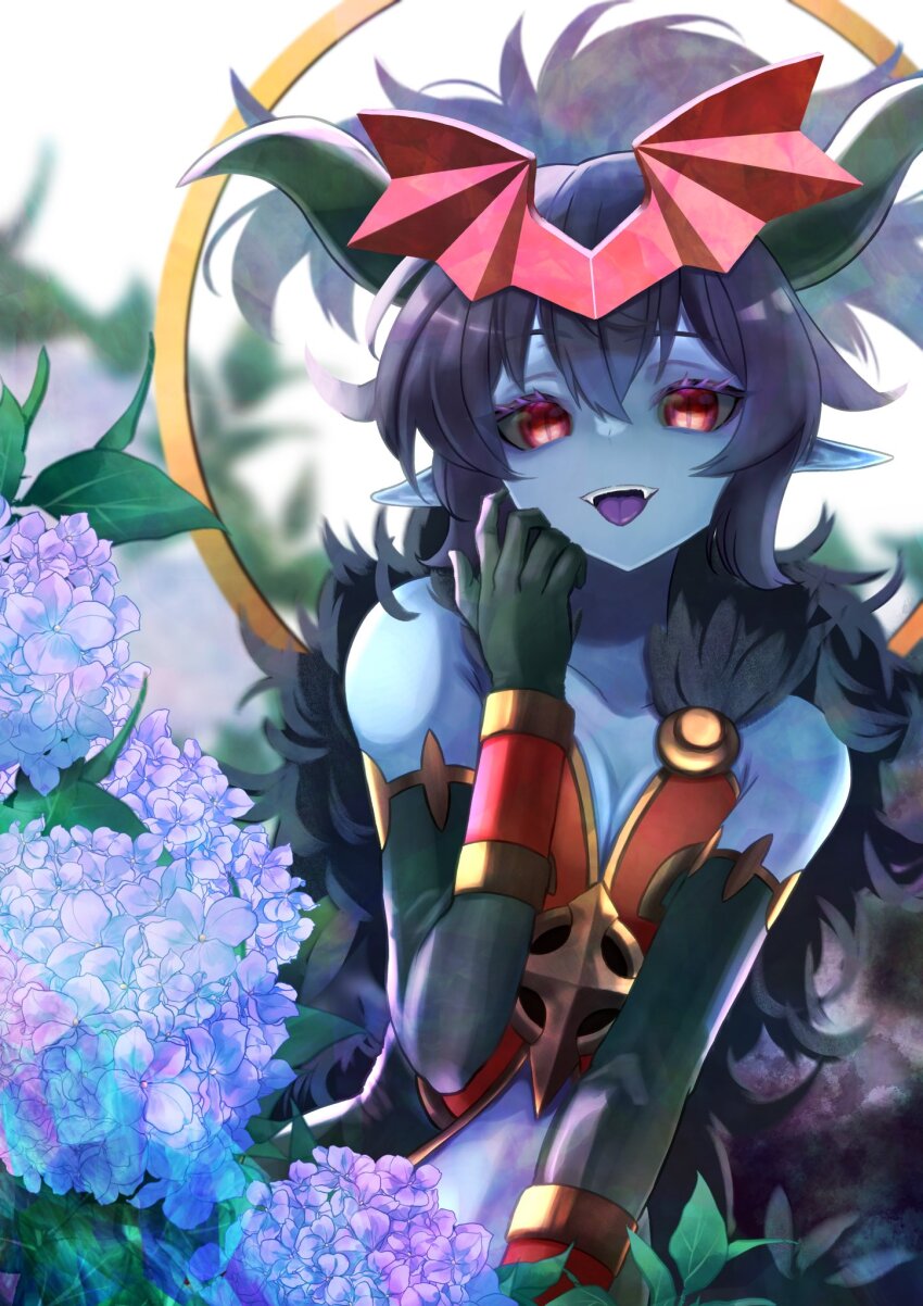 1girl, bare_shoulders, black_fur, black_gloves, black_horns, black_sclera, black_wings, blue_skin