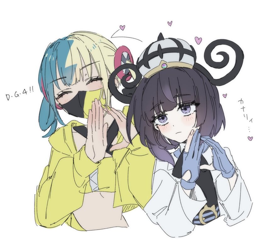 2girls, black_dress, black_hair, blonde_hair, blue_gloves, blue_hair, blunt_bangs, blush