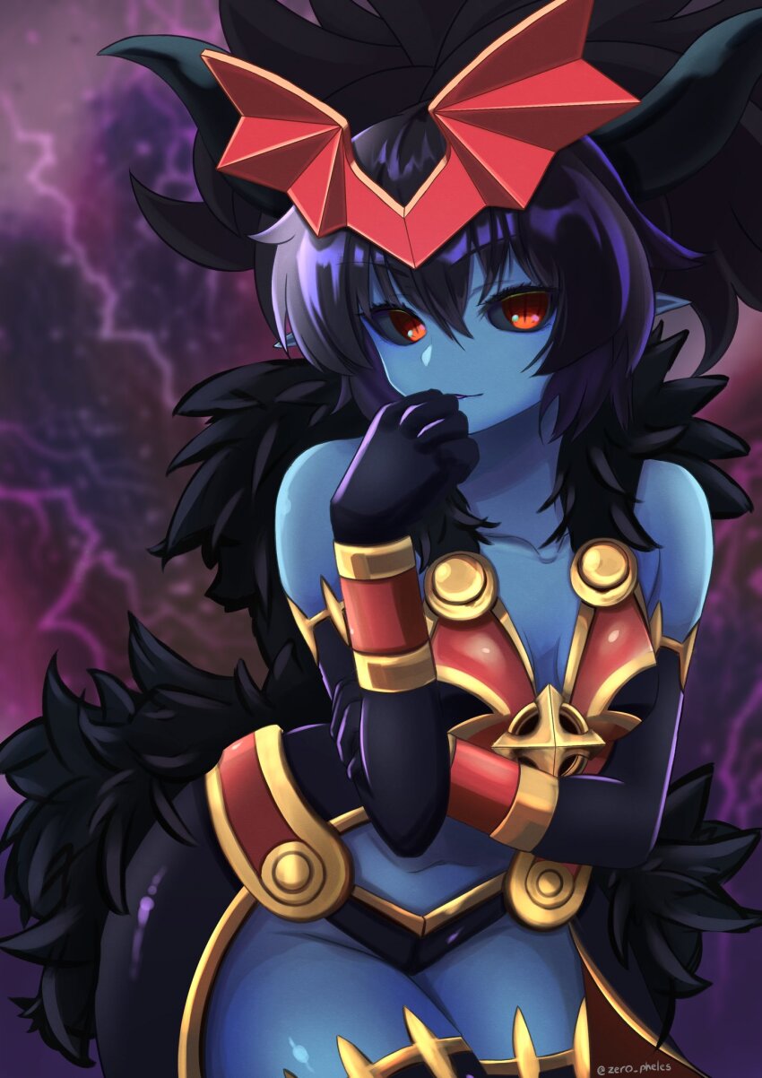 1girl, bare_shoulders, black_fur, black_gloves, black_hair, black_horns, black_sclera, black_wings