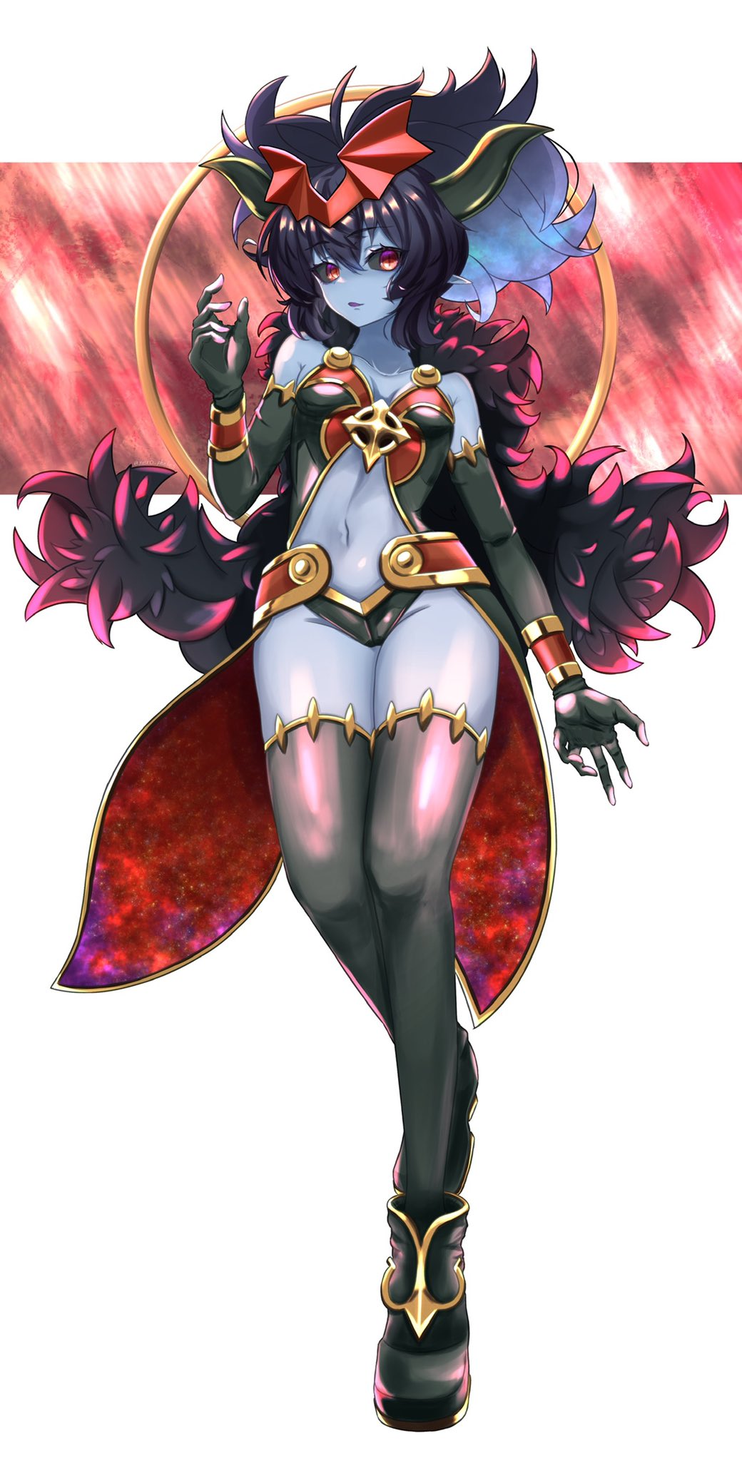 1girl, bare_shoulders, black_fur, black_gloves, black_hair, black_horns, black_sclera, black_shoes