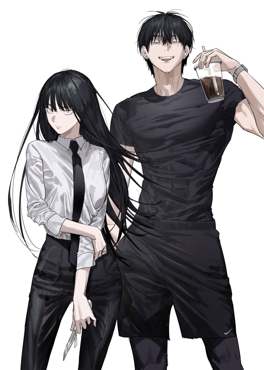 1boy, 1girl, absurdres, black_necktie, black_pants, black_shirt, black_shorts, chamuring