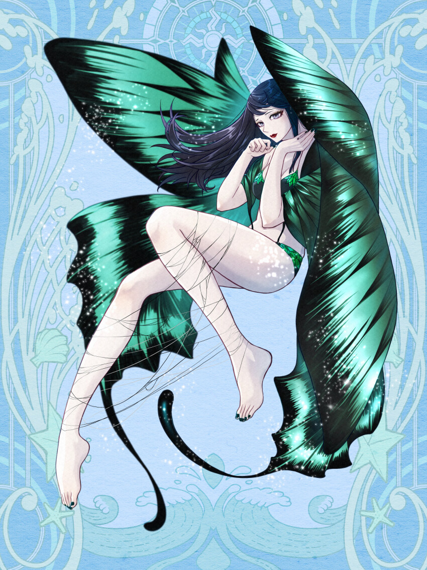 1girl, a-ao_(tw), barefoot, bikini, black_hair, black_nails, blue_background, breasts