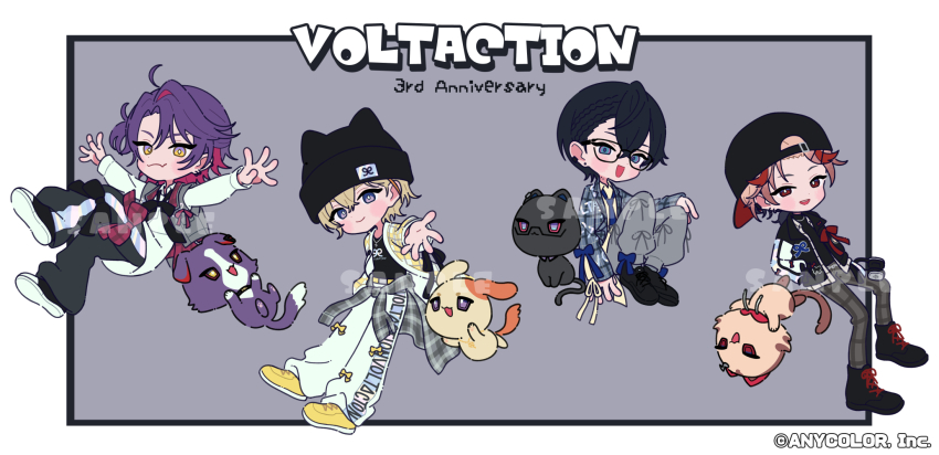 4boys, :d, akaiko_(seraph_dazzlegarden), animal, animalization, anniversary, backwards_hat, baseball_cap