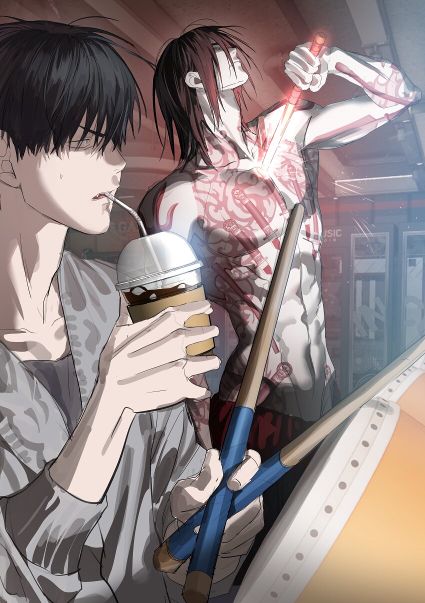 2boys, abs, absurdres, adam's_apple, arm_tattoo, black_hair, chamuring, character_request