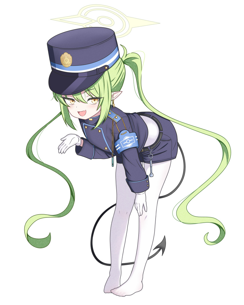 1girl, :d, absurdres, armband, belt, bent_over, black_belt, black_hat