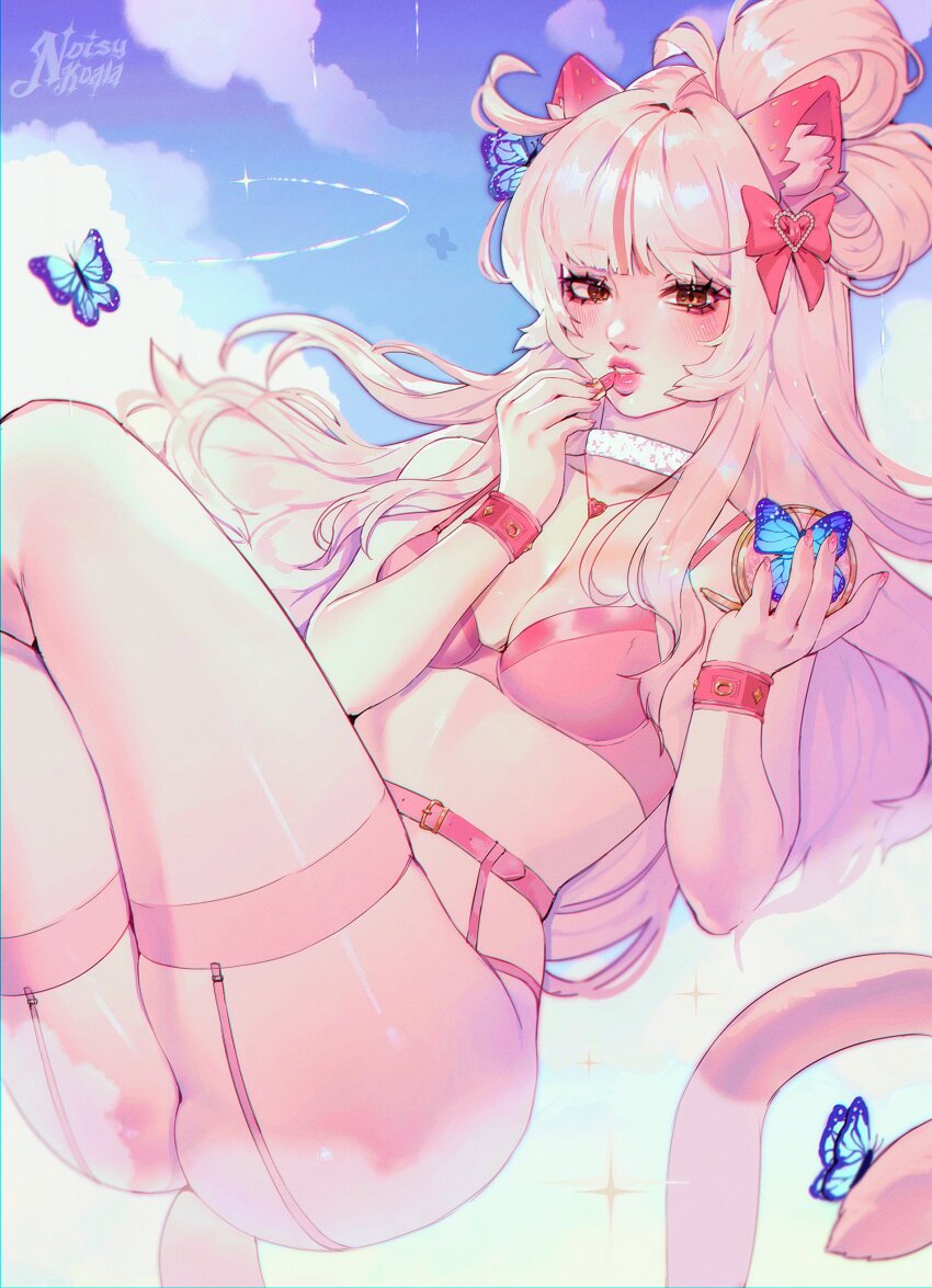 1girl, absurdres, animal_ears, applying_lipgloss, applying_makeup, applying_own_makeup, artist_name, ass, belt, high-waist_belt, blue_butterfly, blurry, bow, bra, breasts, brown_eyes, bug, butterfly, butterfly_on_hand, butterfly_on_head, cat_ears, cat_girl, cat_tail, choker, cloud, cloudy_sky, colored_skin, commentary, commission, compact_(cosmetics), cosmetics, crossed_legs, depth_of_field, english_commentary, eyelashes, feet_out_of_frame, floating, folded_hair, furry, furry_female, garter_straps, hair_bow, hair_bun, highres, holding, holding_compact, holding_lipstick_tube, insect, levitation, light_blush, lipstick, lipstick_tube, long_bangs, long_hair, looking_ahead, makeup, medium_breasts, noisykoala, original, parted_lips, pink_belt, pink_bow, pink_bra, pink_nails, pink_thighhighs, see-through_clothes, see-through_thighhighs, shiny_skin, side_ahoge, side_up_bun, sky, sparkle, star_(sky), studded_armlet, tail, teeth, thick_lips, thighhighs, underwear, very_long_hair, white_choker, white_hair, white_skin